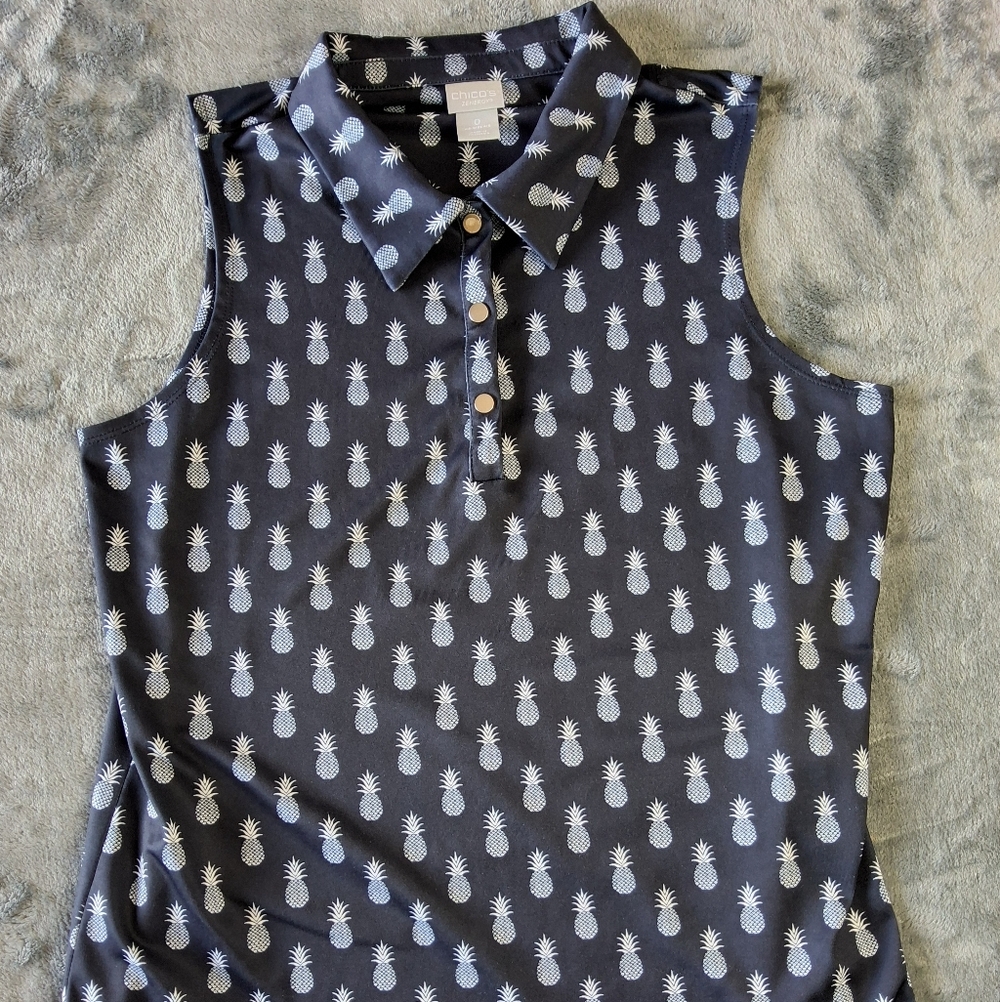 Women's Chicos Size 0 Sleeveless‎ Blouse Shirt Top Golf Polo Pineapple All...